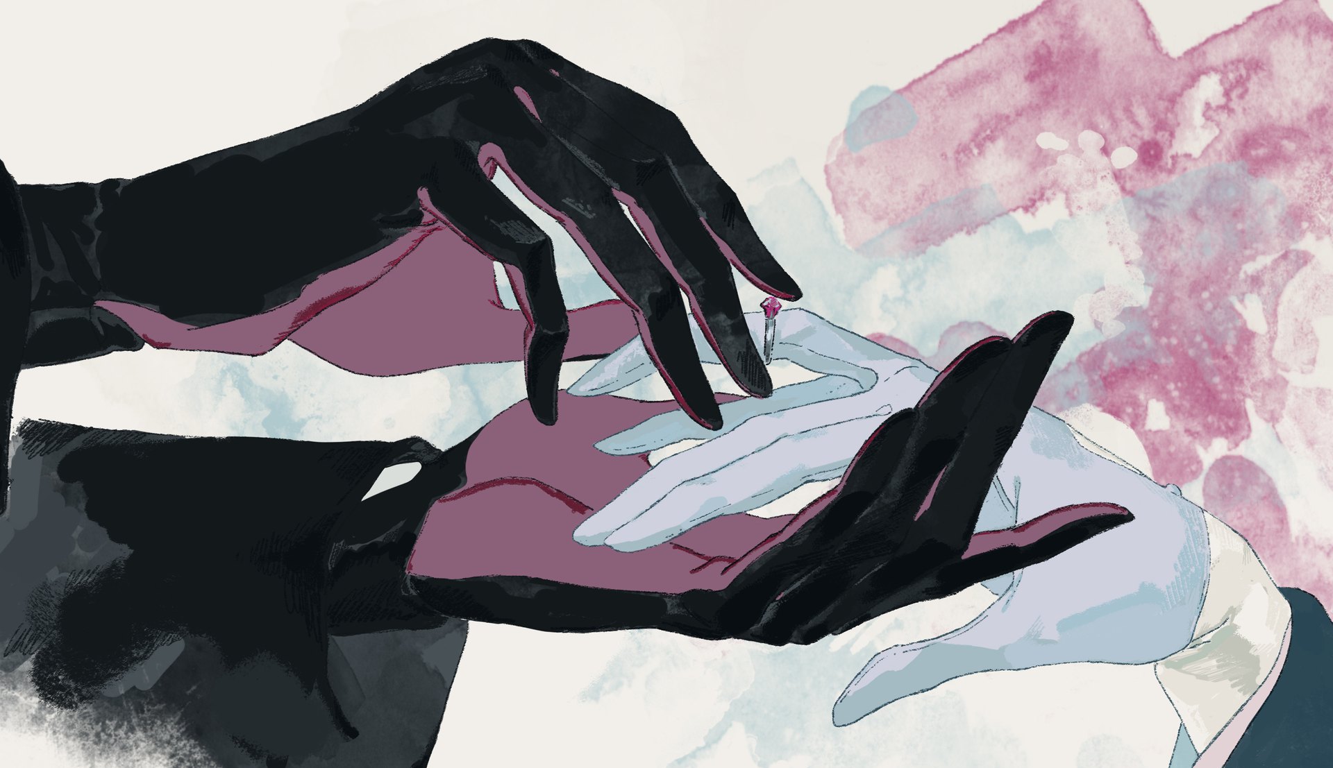 Vice Signalling on Steam: a gloved hand and a bare hand reach for each other through pink ink